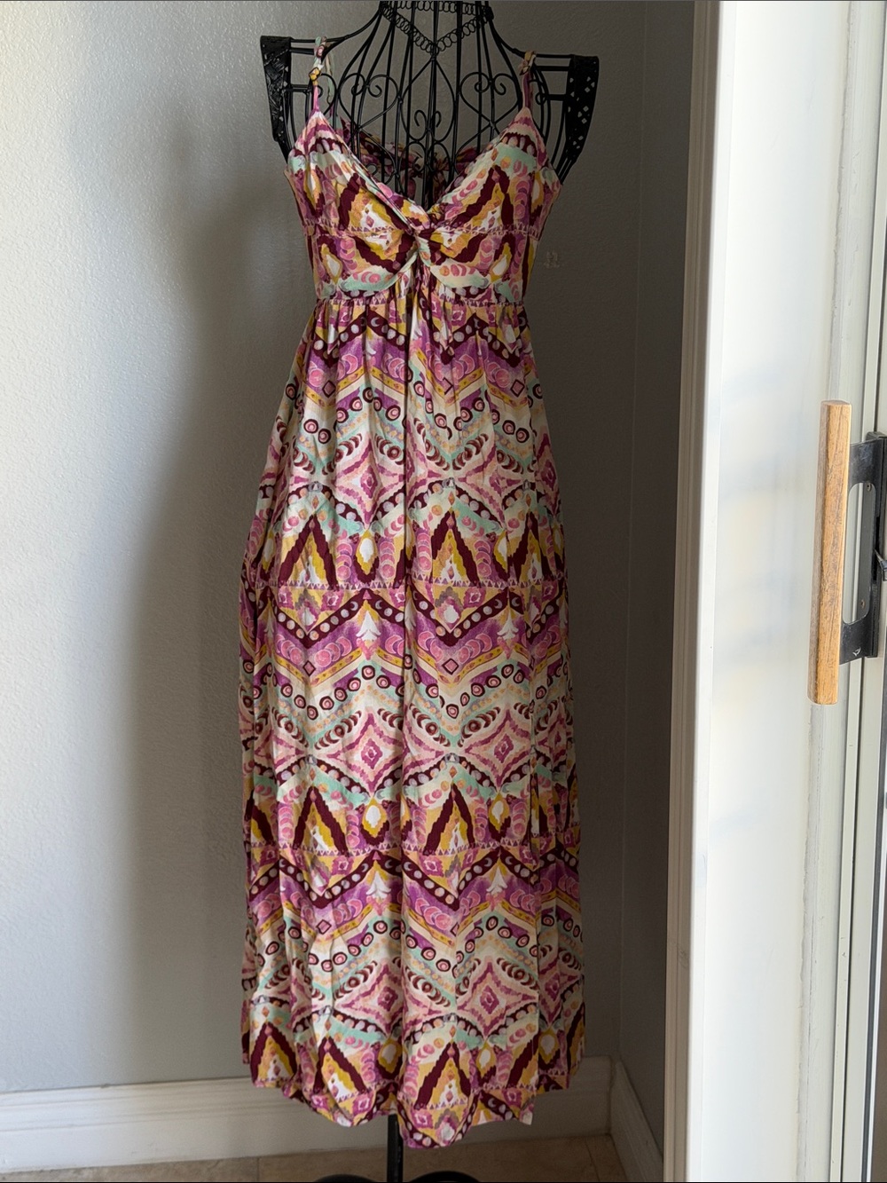 Rewind : Multicolor Geometric Midi dress in Pink, Purple, Yellow & Aqua